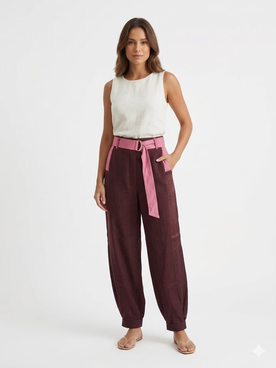 Calça Linho com Cinto Marrom/Pink Open PP, Marrom, tamanho PP — foto 2
