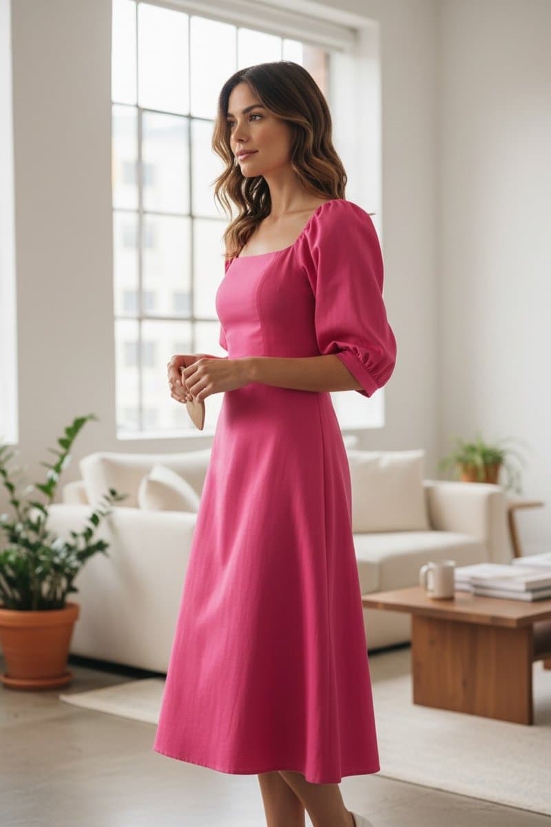 Vestido Midi Manga Pink Flo Maria P, Rosa-chiclete, tamanho P — foto 3