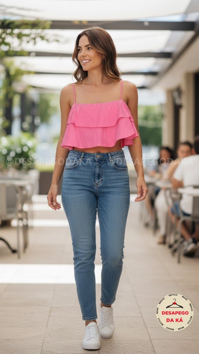 Top Pink Babado Bem Me Quer M, Rosa-chiclete, tamanho M — foto 2