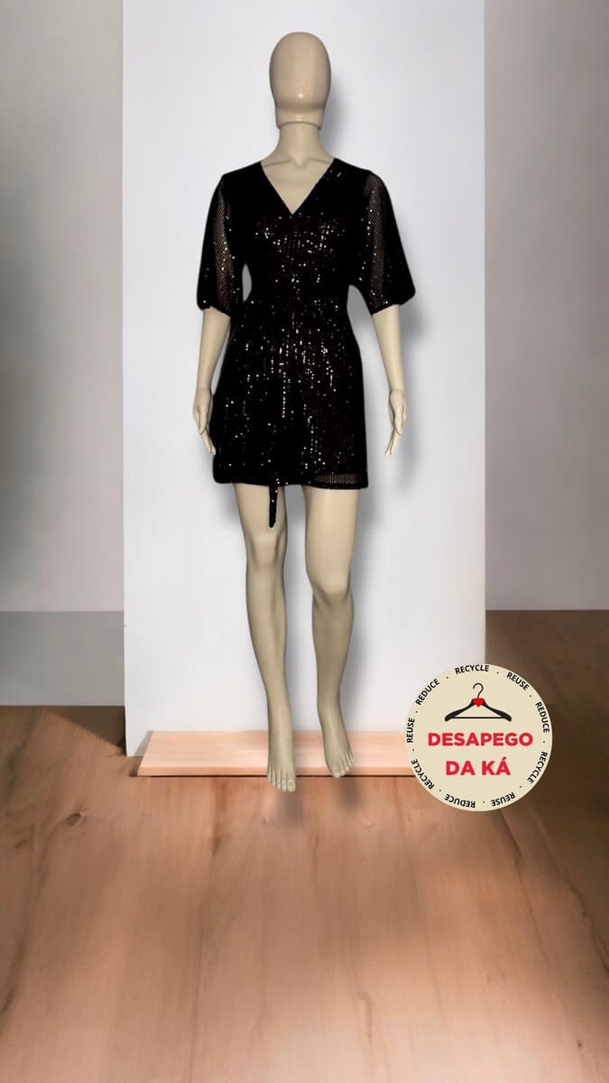 Vestido ML Preto Paetê Amarra P, Preto, tamanho P — foto 3