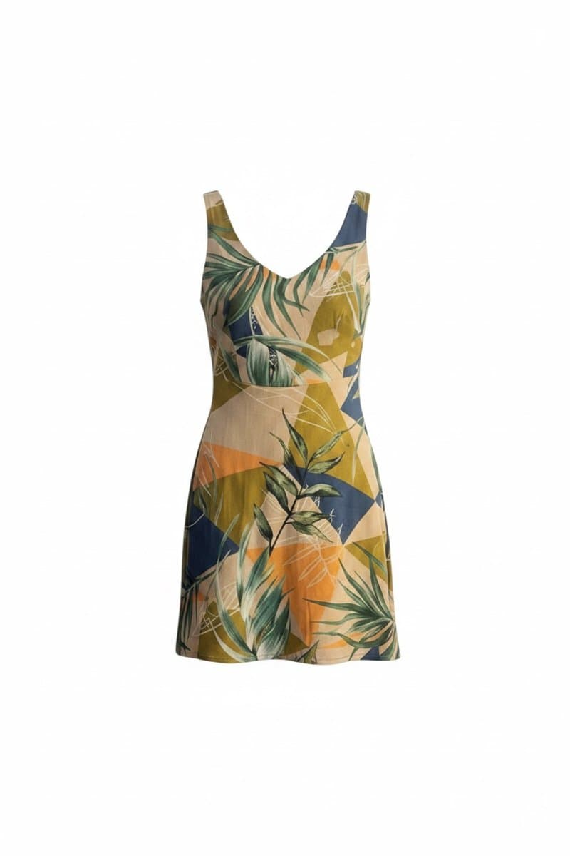 Vestido Bege Folhagens Verde Meritz, Bege, tamanho P