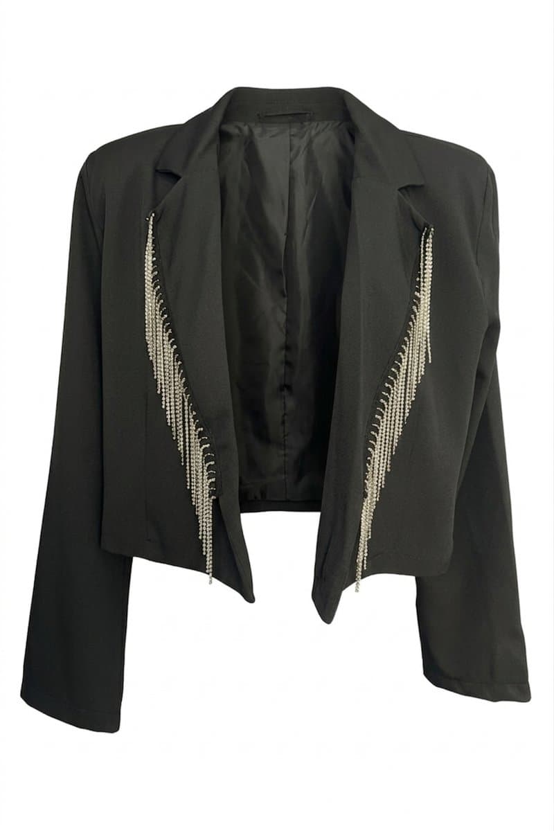 Blazer Alfaiataria com Franjas Strass My Fit M, Preto, tamanho M