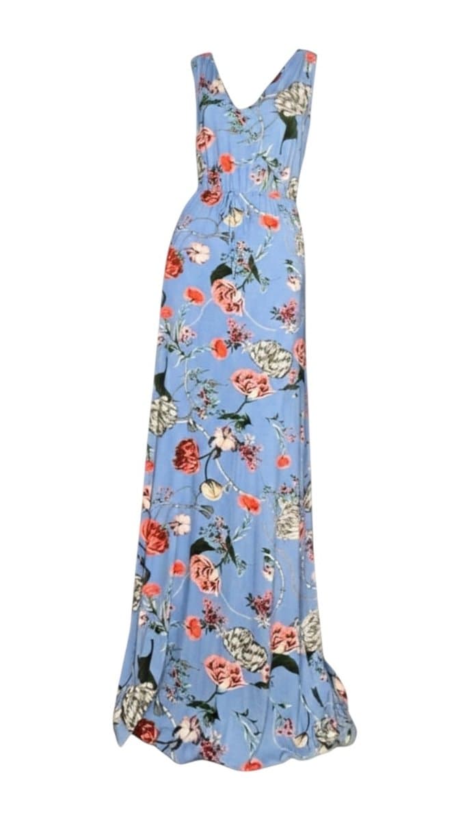 Vestido Longo Malha Azul Estampa Flores Marcia Mello P, Márcia Mello, Azul, tamanho P