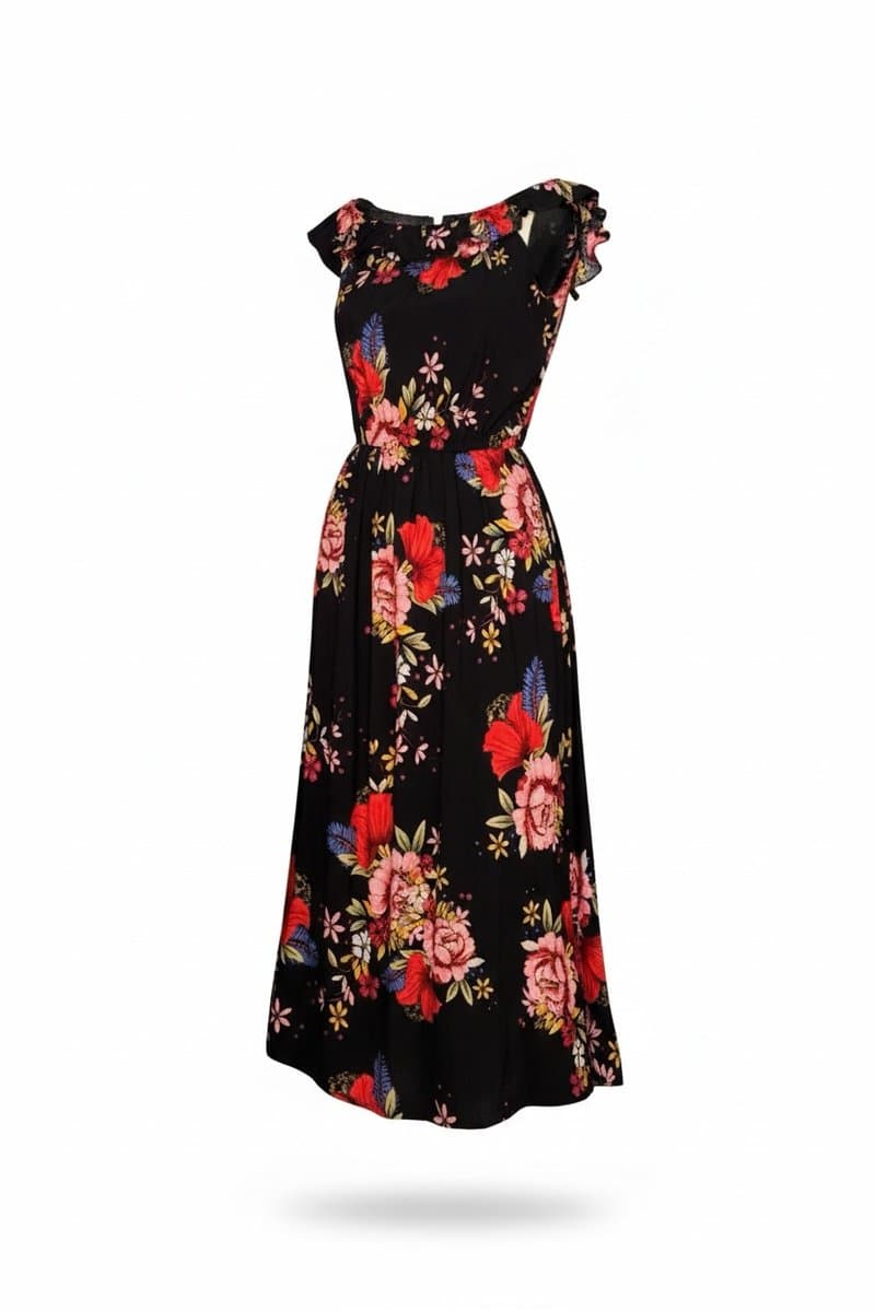 Vestido Midi Preto Estampa Flor Colorida M, Preto, tamanho M