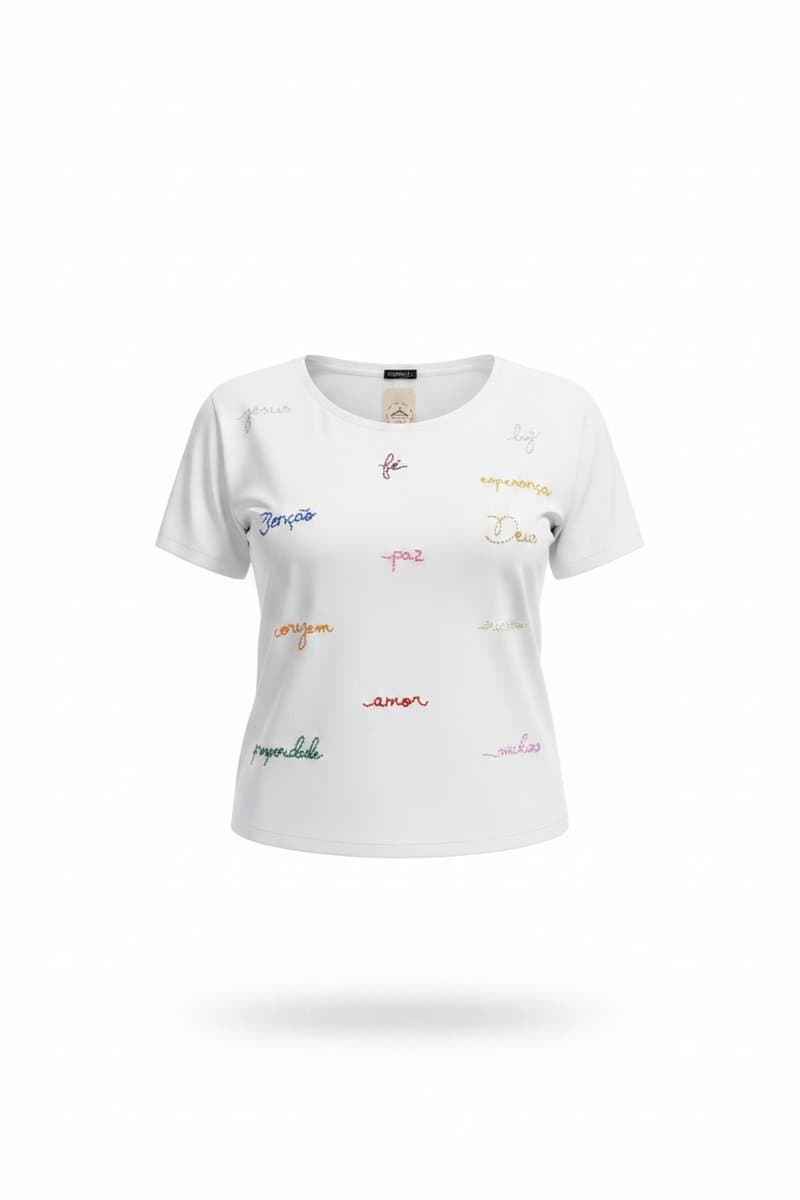Blusa Branca Palavras Bordada Colorida G, Branco, tamanho G