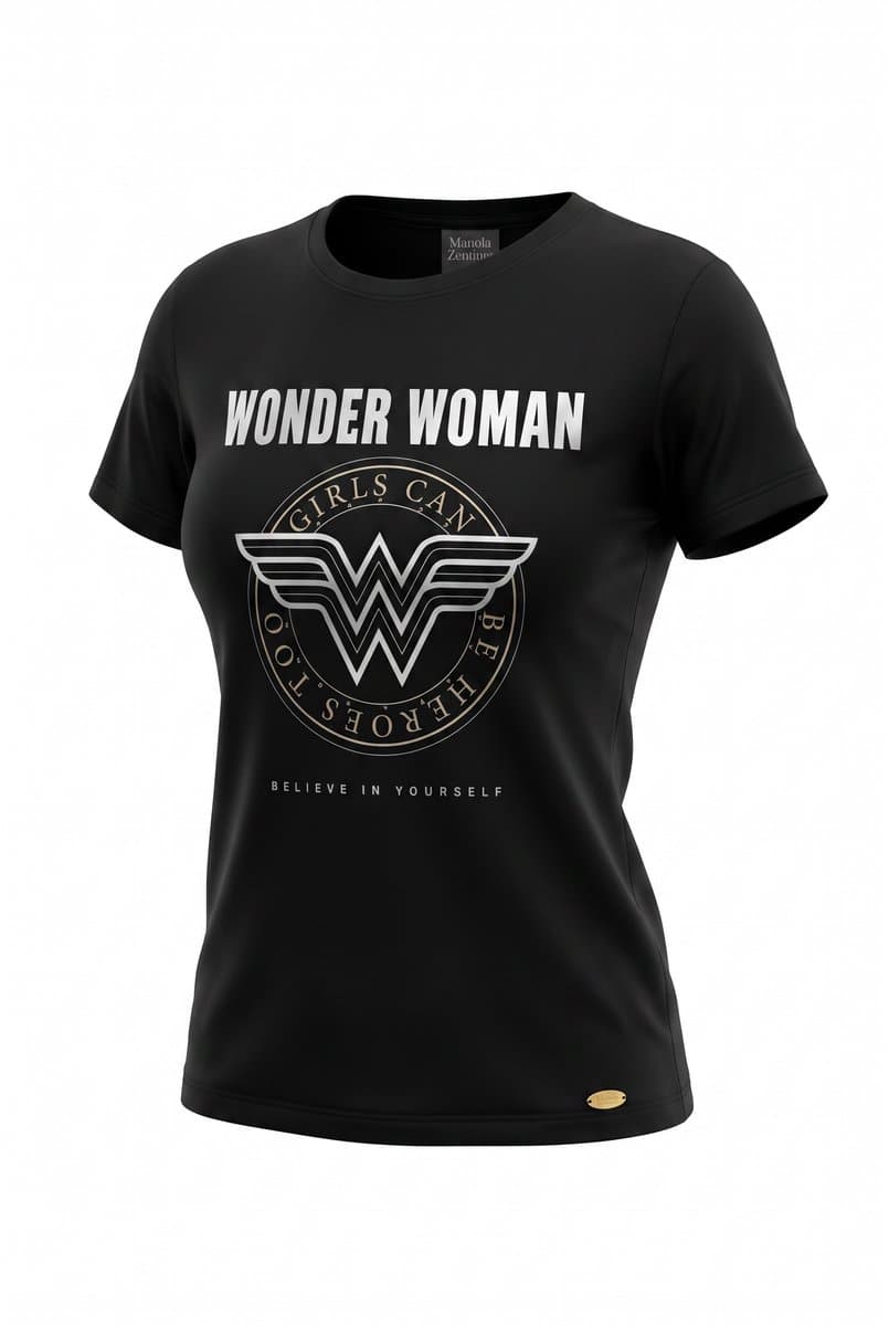 Tee Preta/Dourada Mulher Maravilha G, Preto, tamanho G